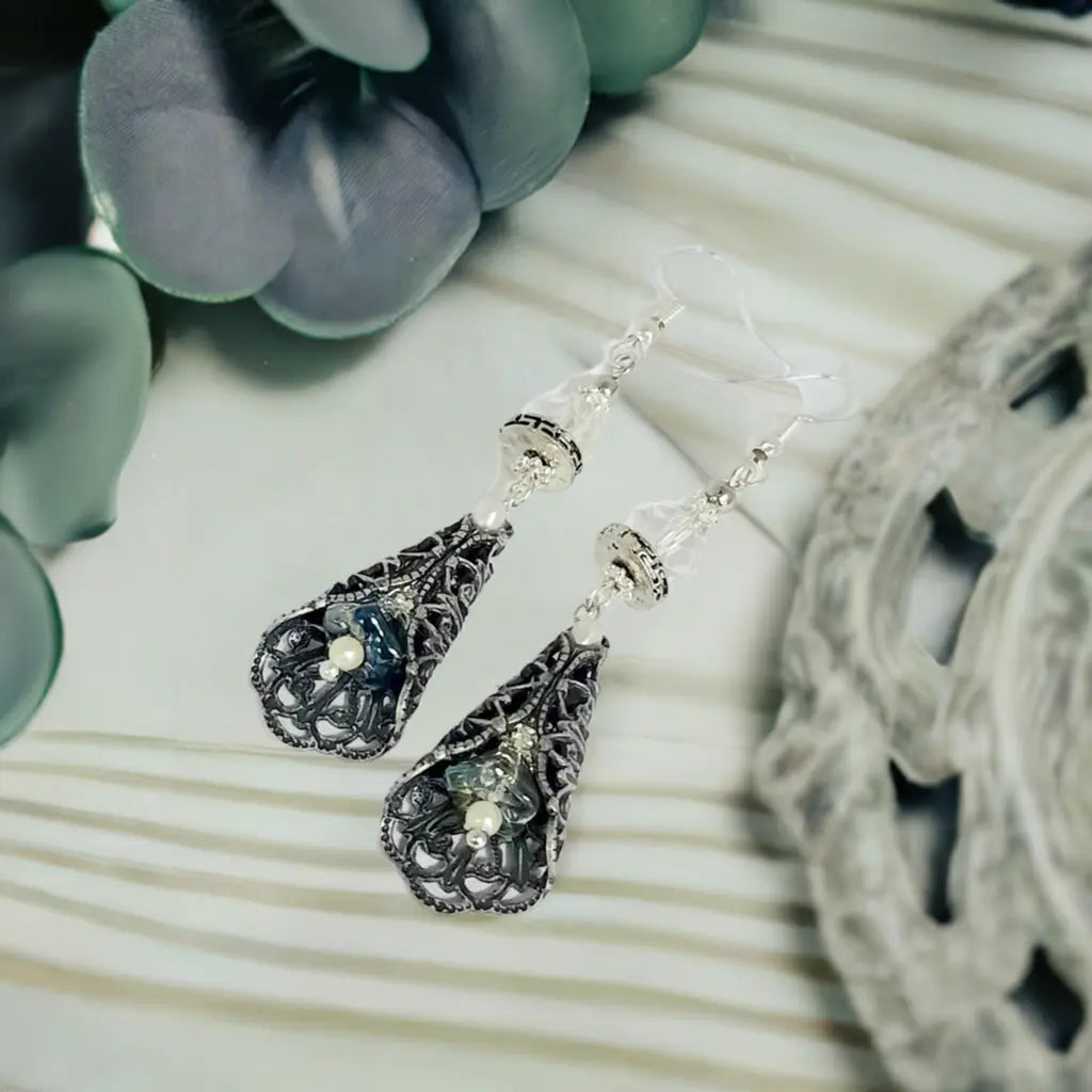 Antique silver vintage Czeck flower earrings