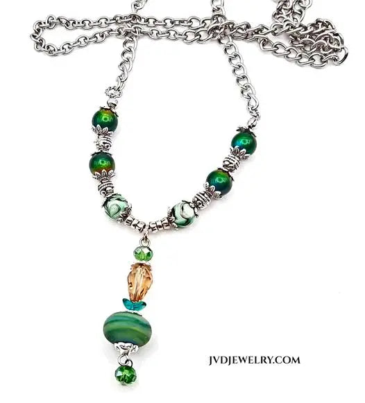 Lampwork swirk blue green Neckalce no clasp