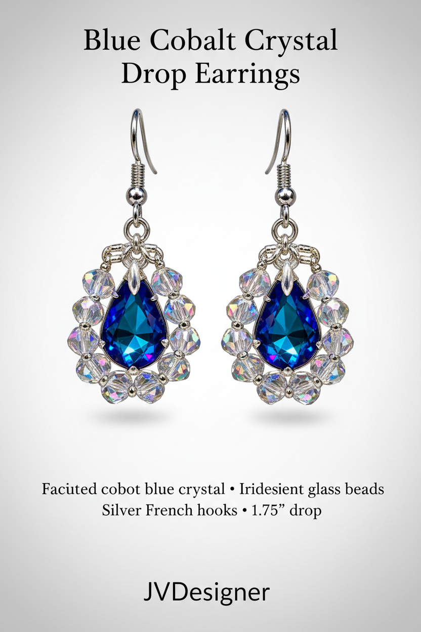 Blue Cobalt Crystal Drop Earrings Card