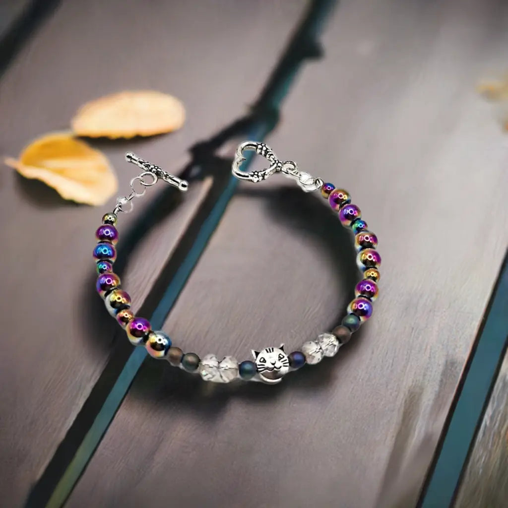 Silver cat wire wrapped hematite bracelet