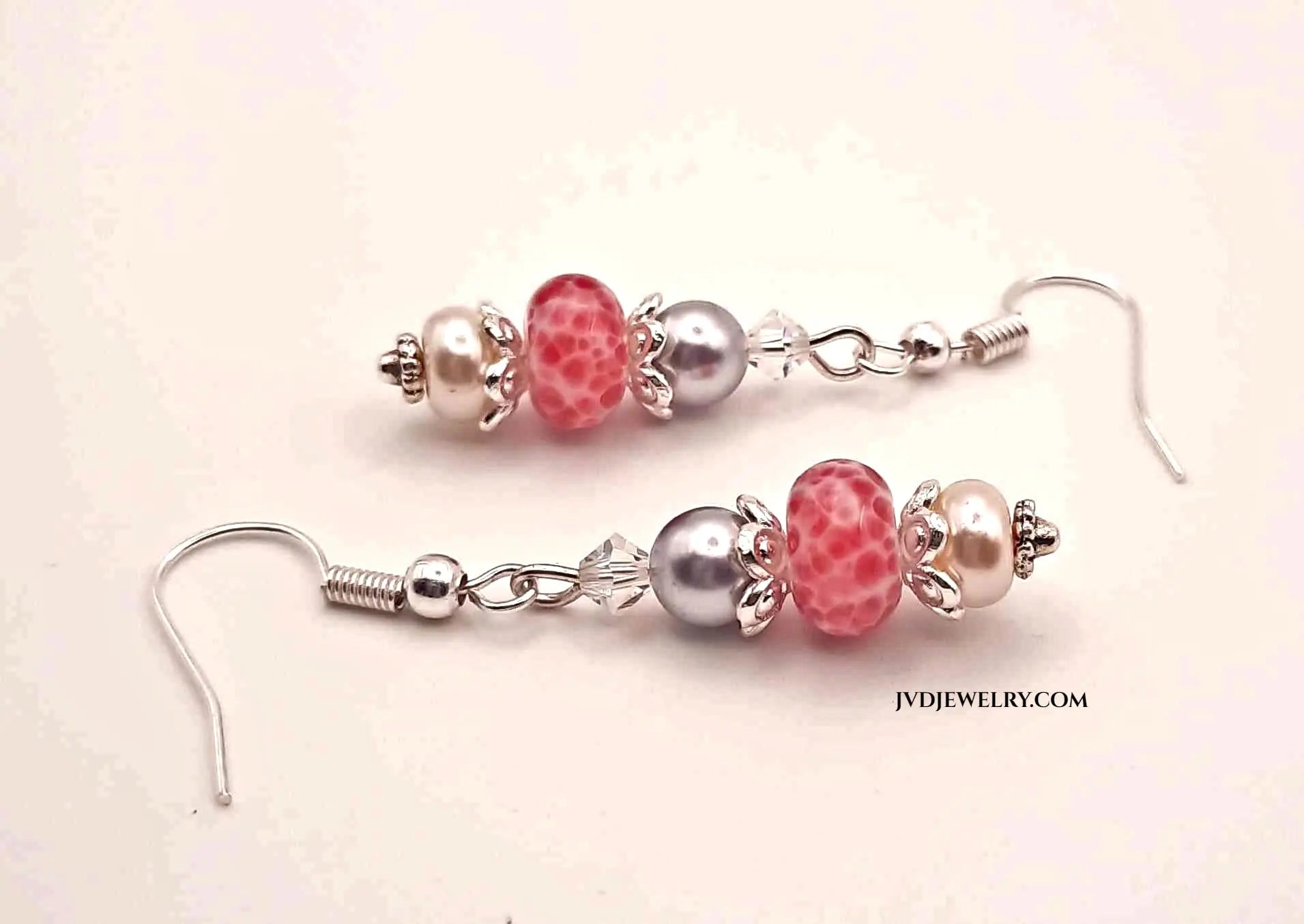 Mini pink dot lampwork 1.75" Earrings