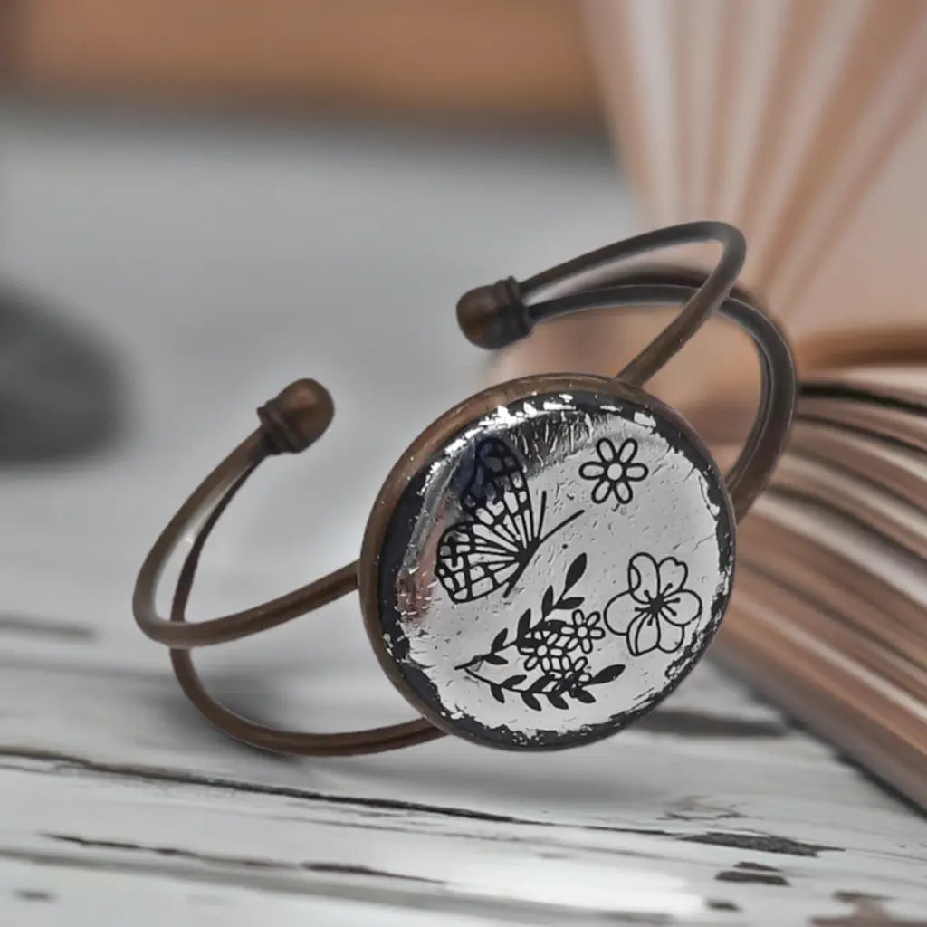 Adjustable antique bronze resined foil bracelet rustic