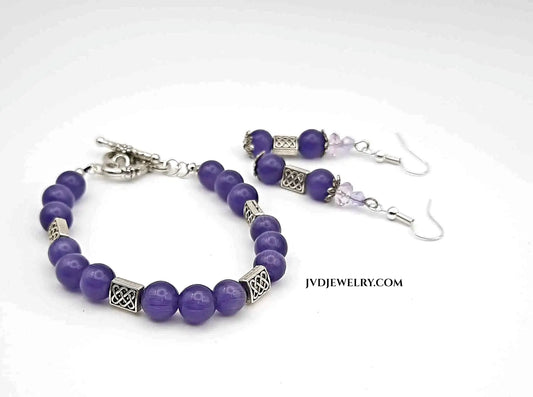Purple Cat eyes beaded bracelet with earrings