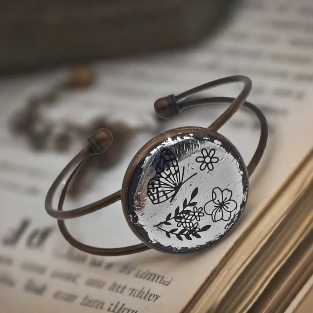 Adjustable antique bronze resined foil bracelet rustic