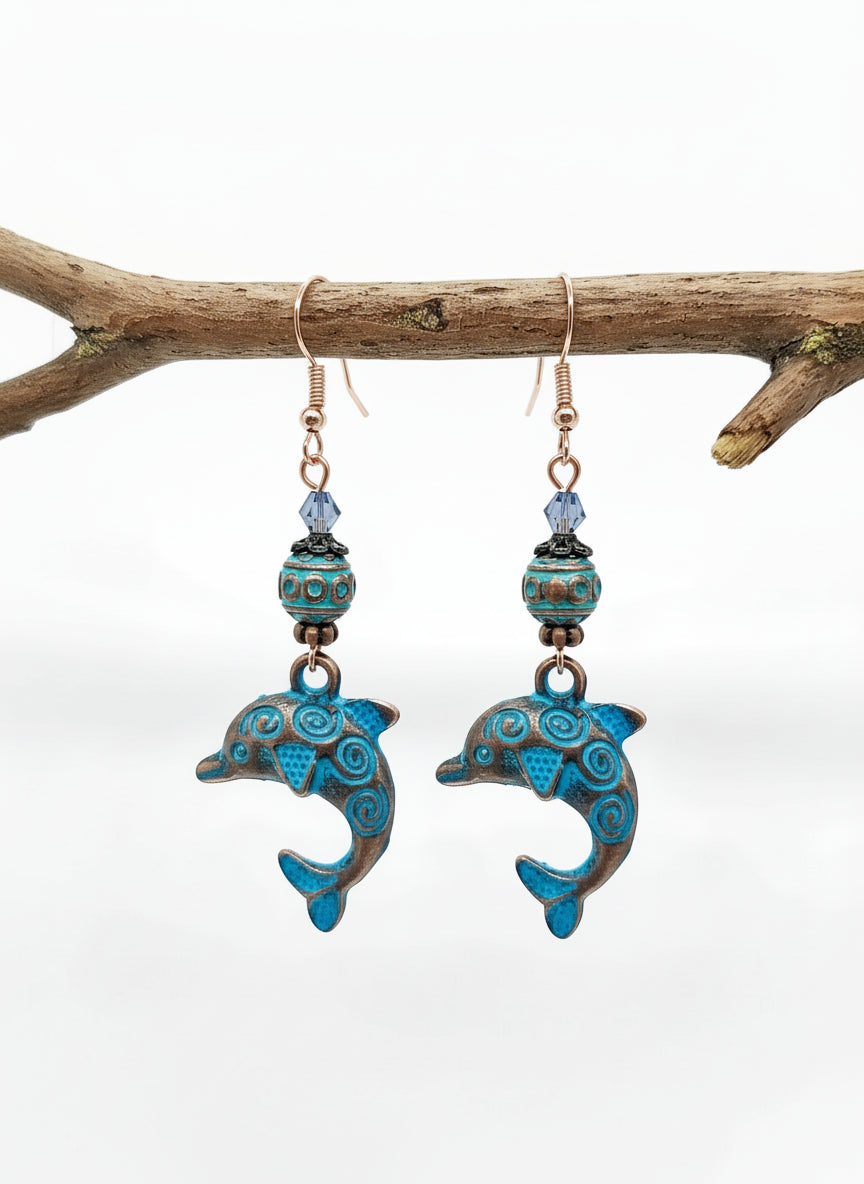 Patina dolphin glass pearl Earrings