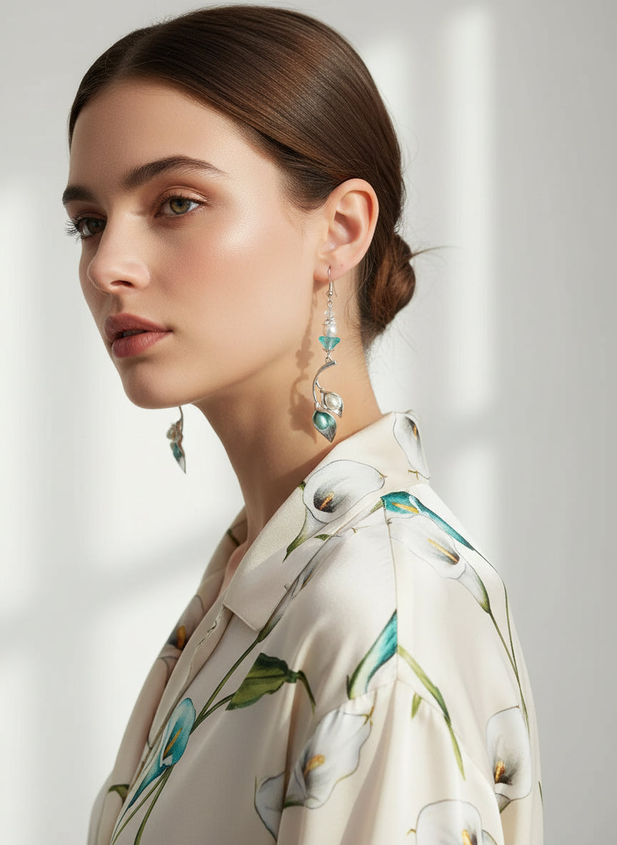 Shiny silvery Cala Lily Czech earrings