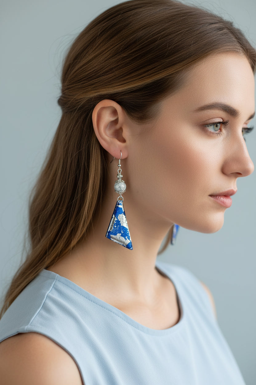 Resincrete Silver Paperfoil blue dangle Earrings 2.75" - Image #5