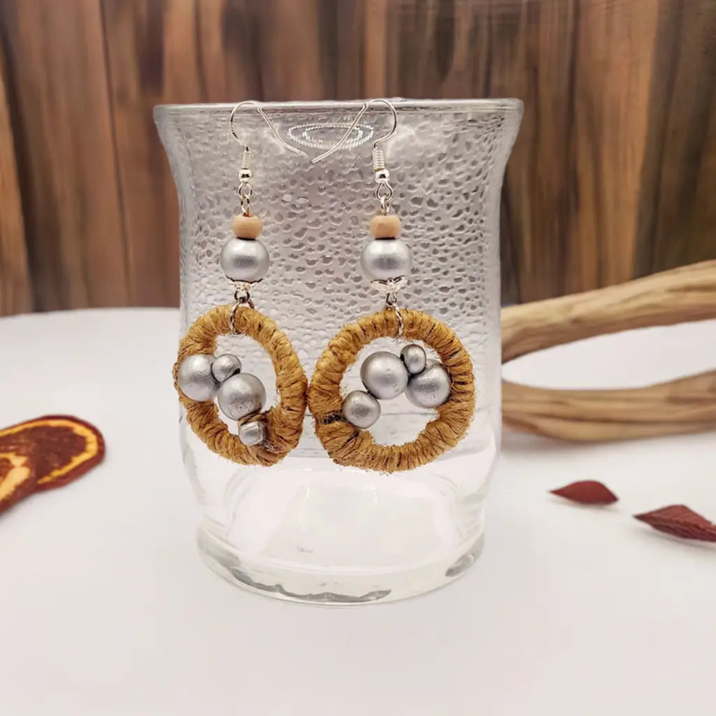 Twine jute wood bead Earrings 2.75 inches