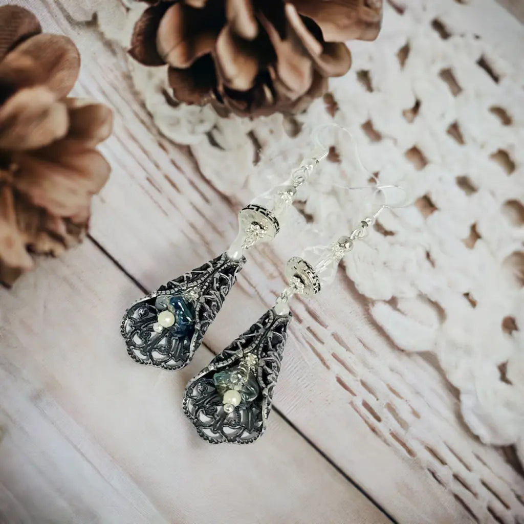 Antique silver vintage Czeck flower earrings