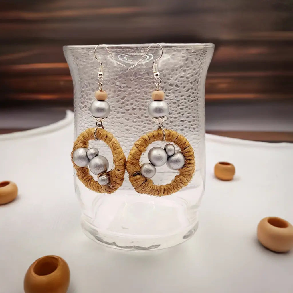 Twine jute wood bead Earrings 2.75 inches
