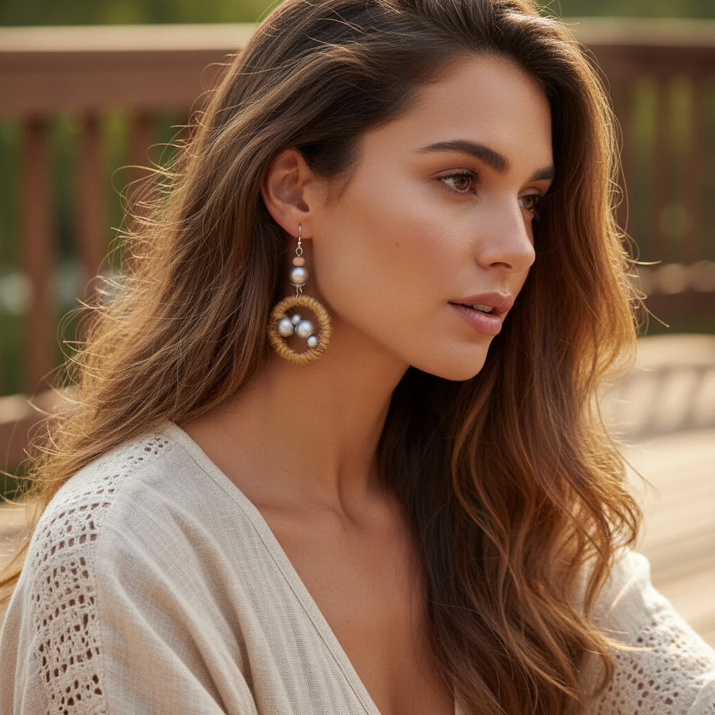 Twine jute wood bead Earrings 2.75 inches