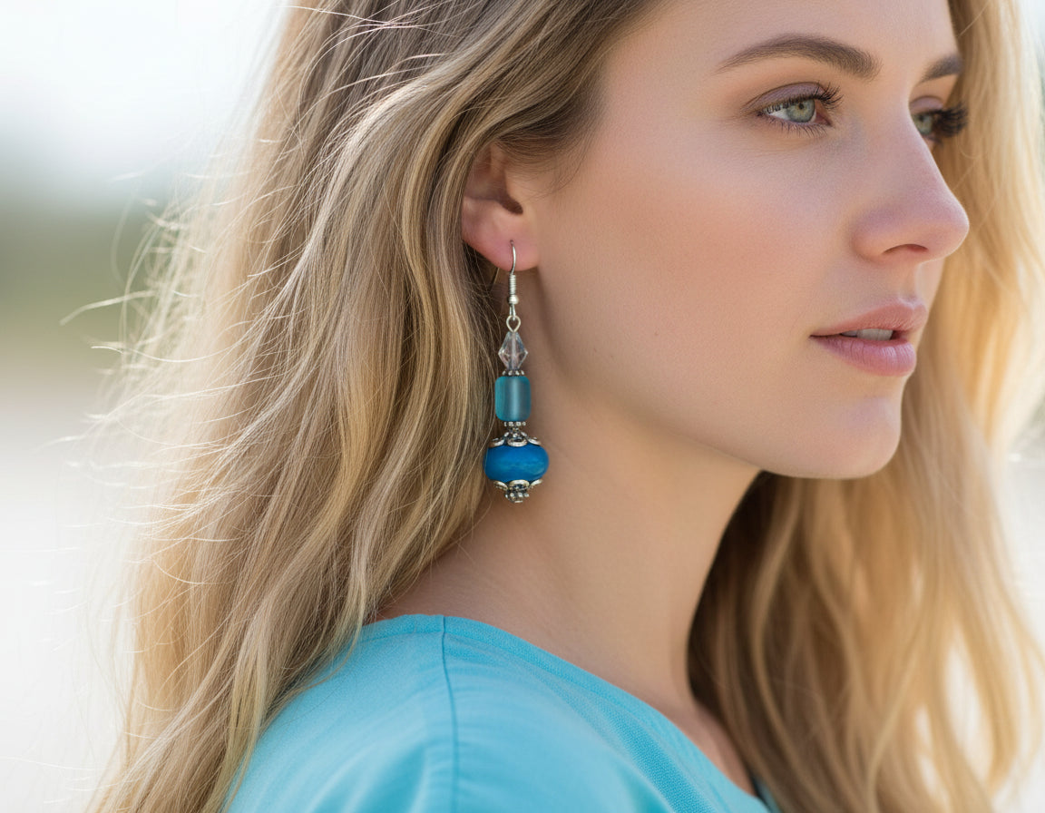 Blue Artistic Lampwork Earrings - Handcrafted Glass Beads | 2.5 Inches