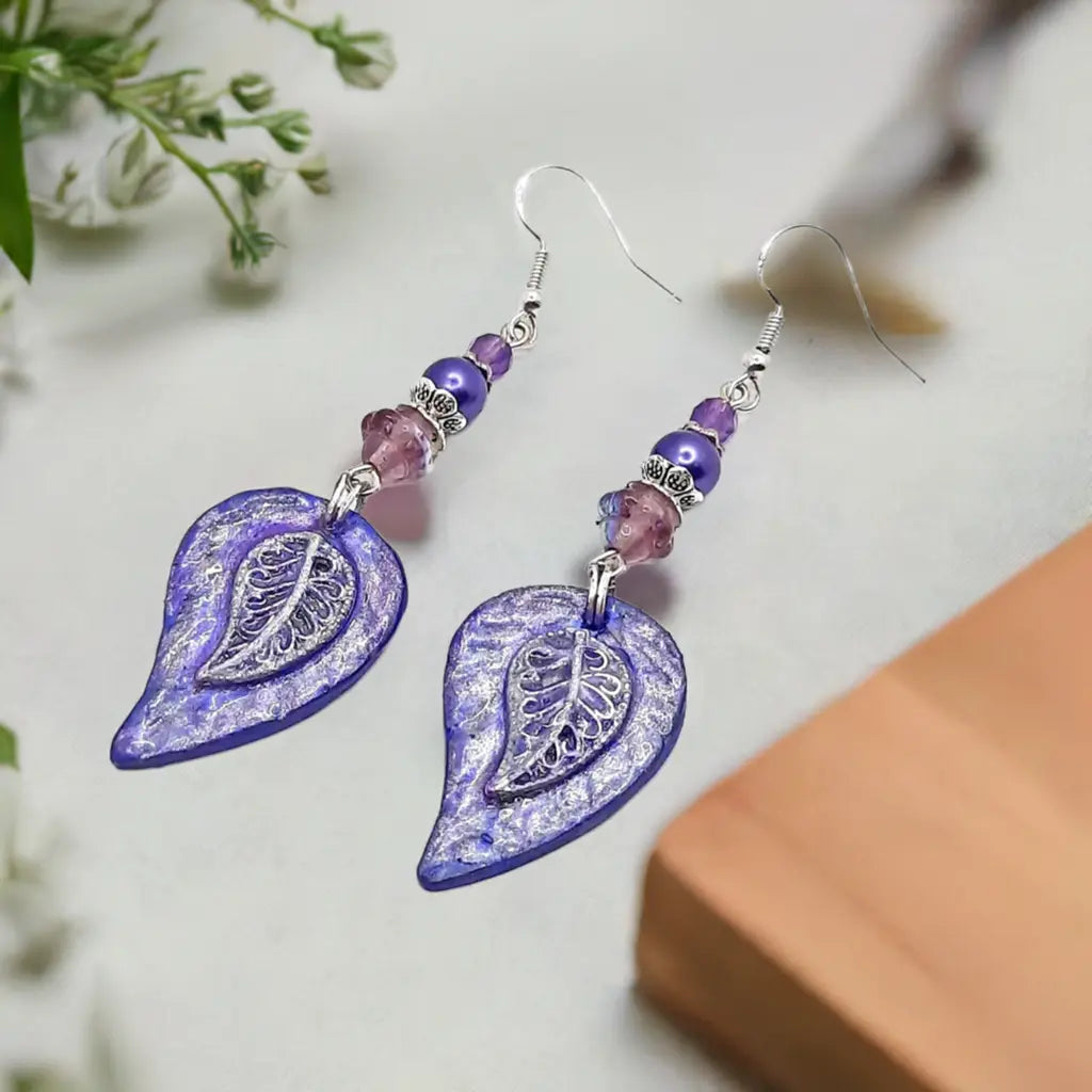 Resin Purple leaf Earrings Czech Beads