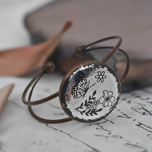 Adjustable antique bronze resined foil bracelet rustic