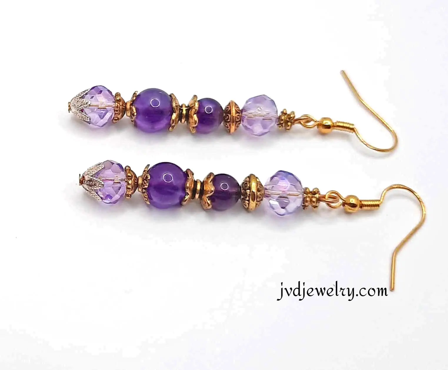 Gold plated amethyst purple Earrings 2.25 inches