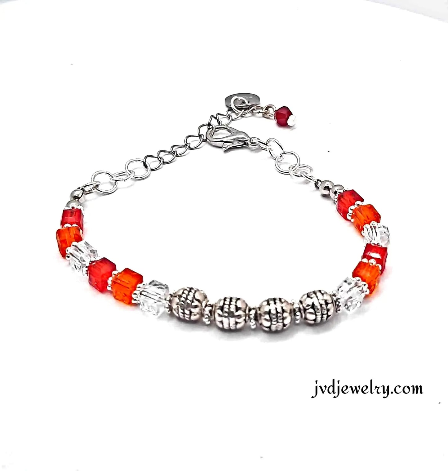 Red orange silver beaded Bracelet