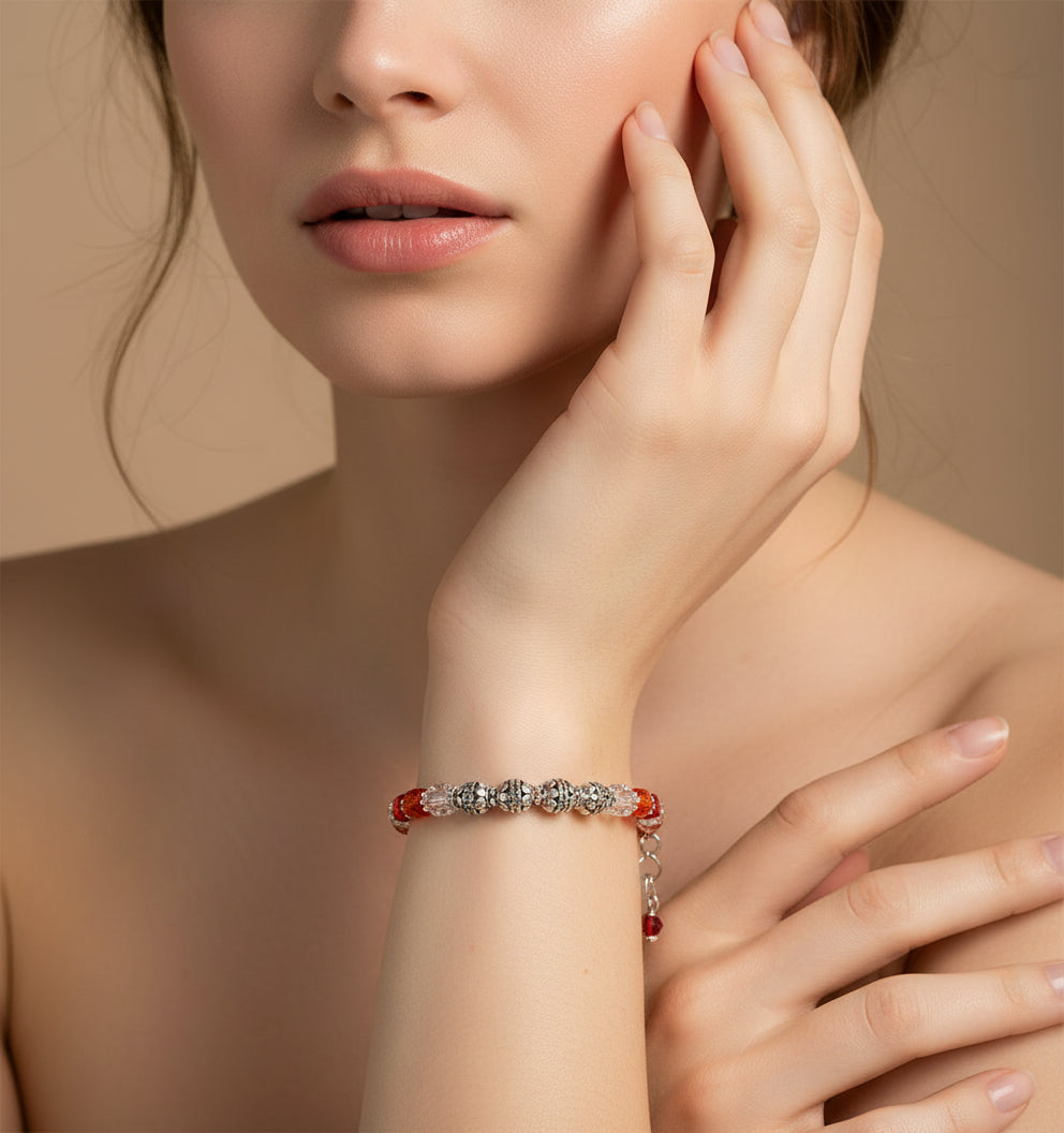 Red orange silver beaded Bracelet
