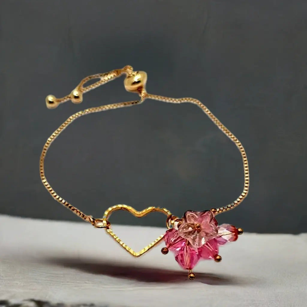 Adjustable pink Swarovski Czech beaded heart bracelet