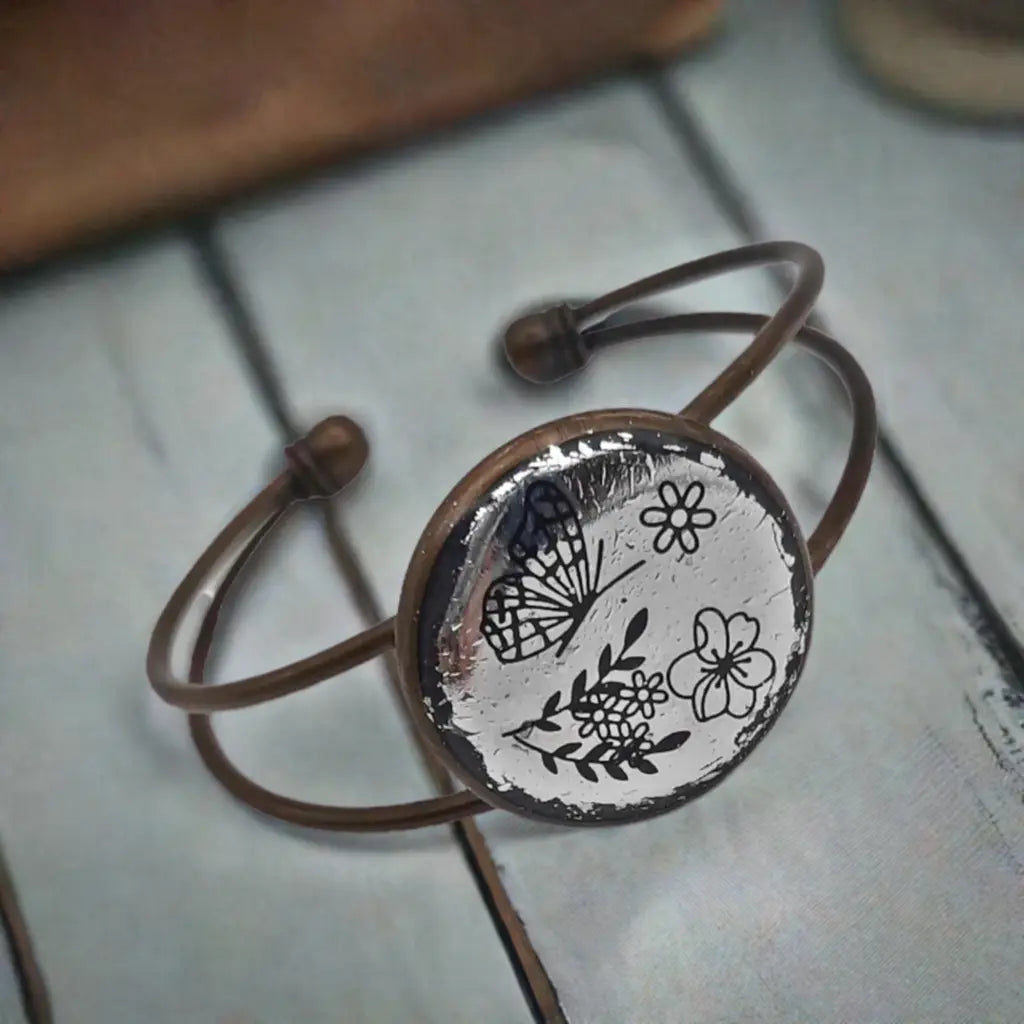 Adjustable antique bronze resined foil bracelet rustic