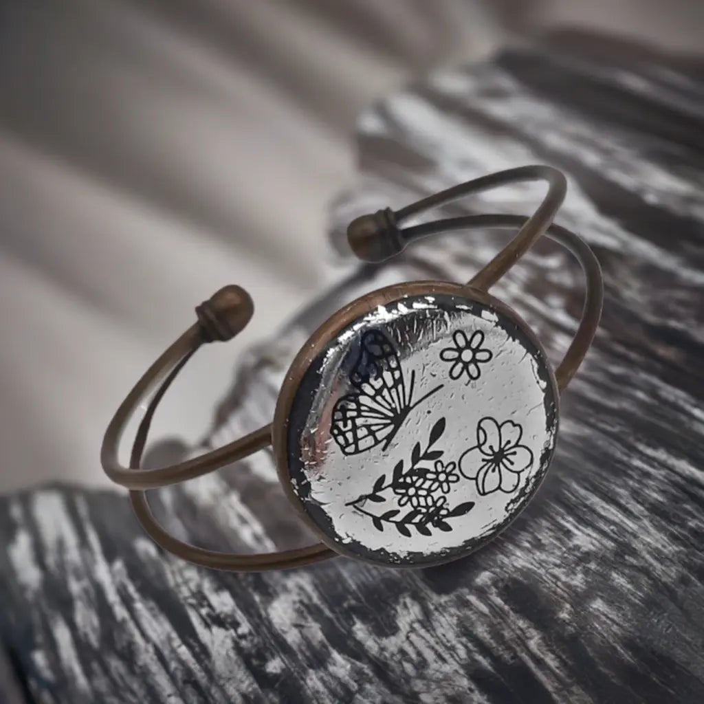 Adjustable antique bronze resined foil bracelet rustic