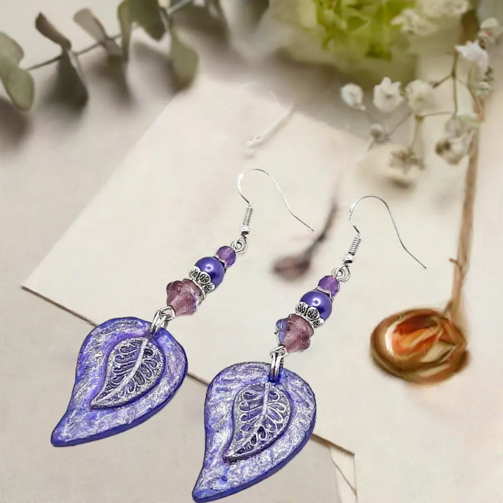 Resin Purple leaf Earrings Czech Beads