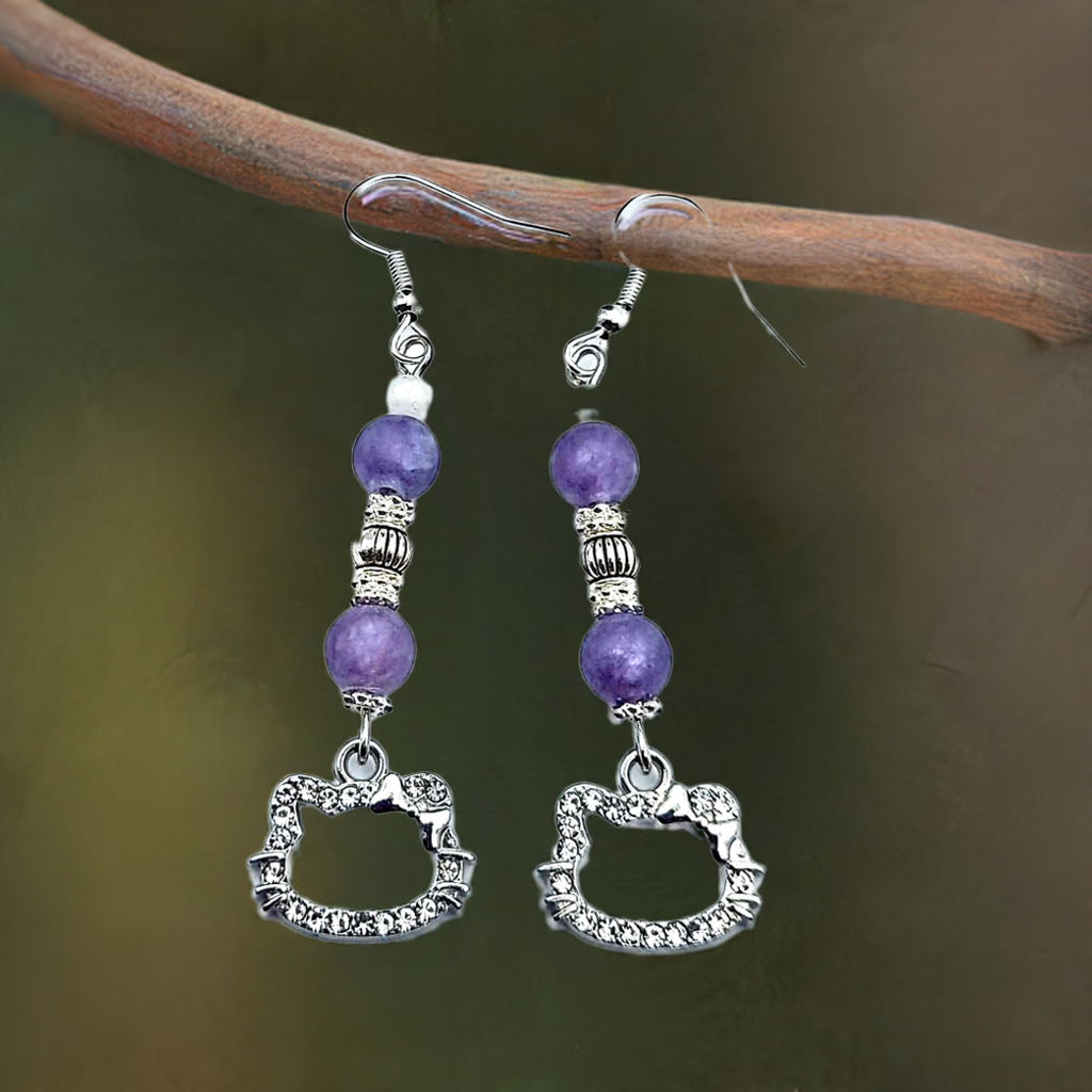 Cat charm Earrings with gemstone or crystal bead