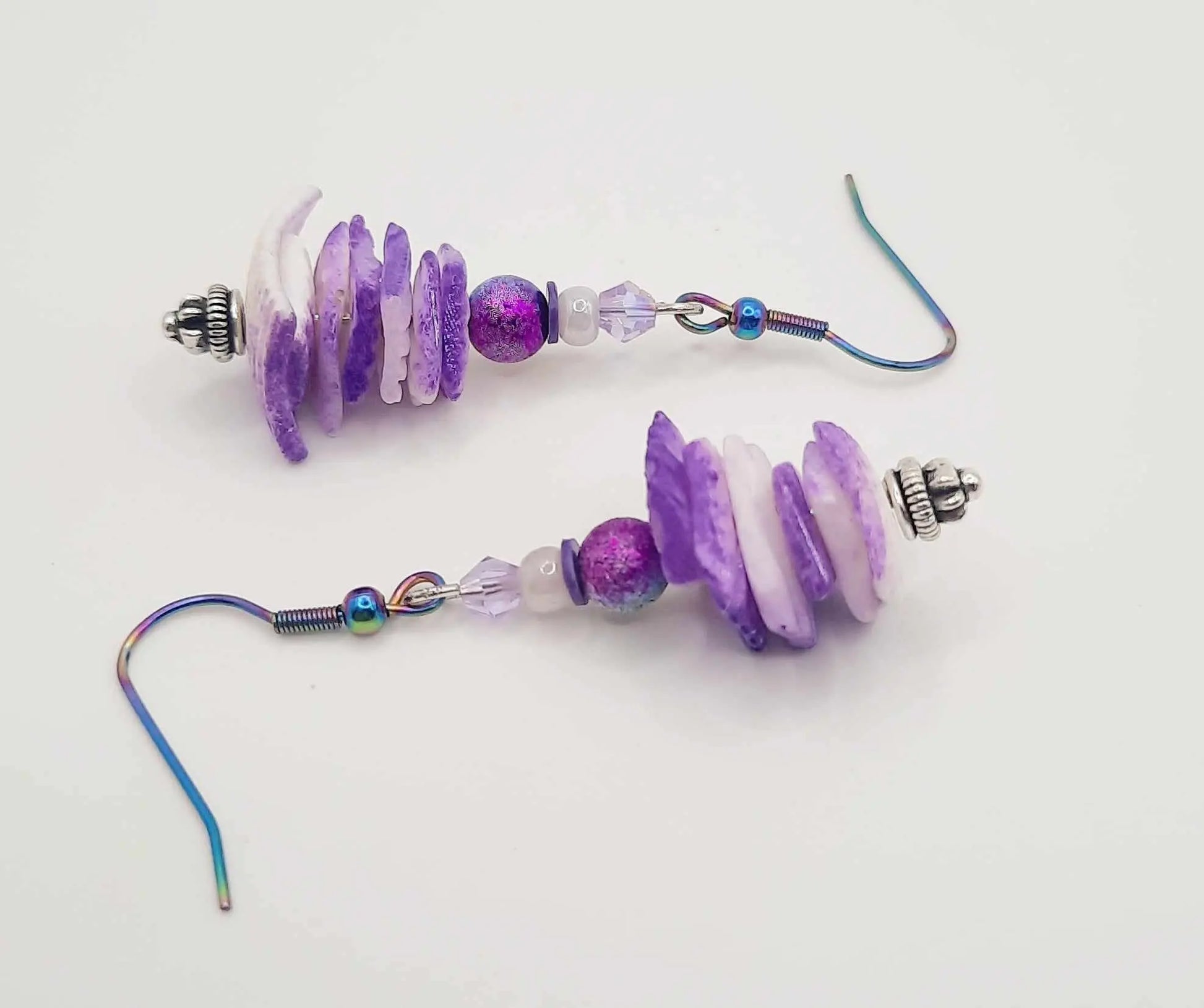 Short 2" white purple sea shell earrings
