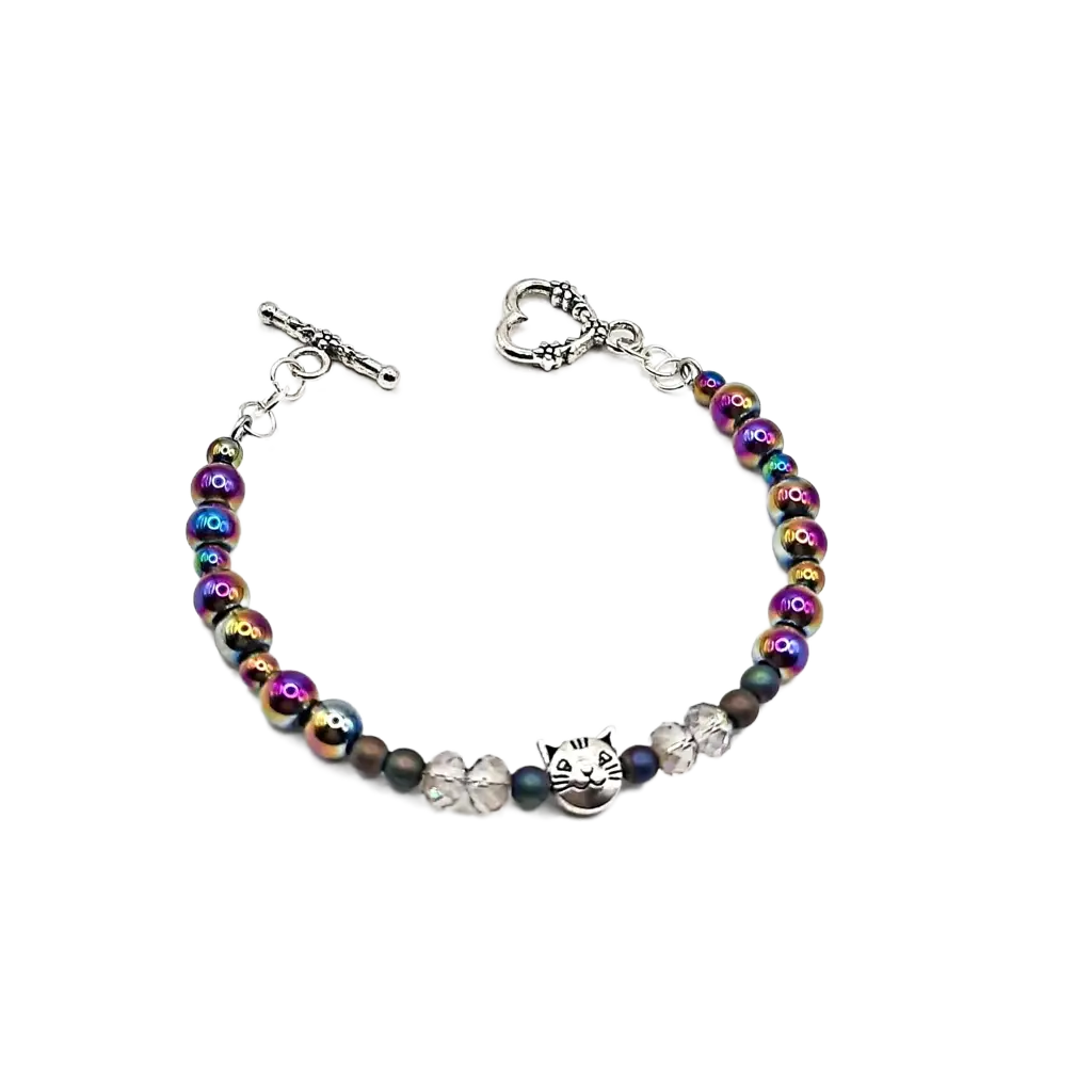 Silver cat wire wrapped hematite bracelet