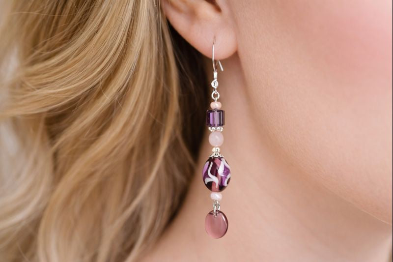 Violet Swirl Art Glass Earrings – 2.75" Drop Length