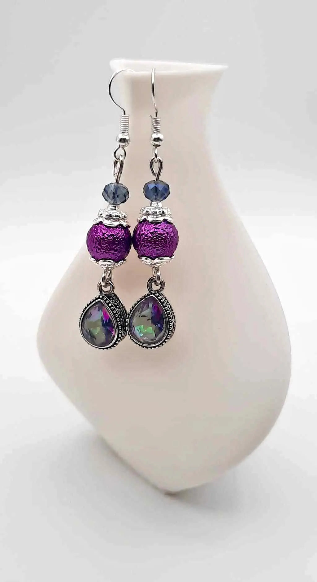 Iridescent antique silver drop purple beaded earrings 2.25"