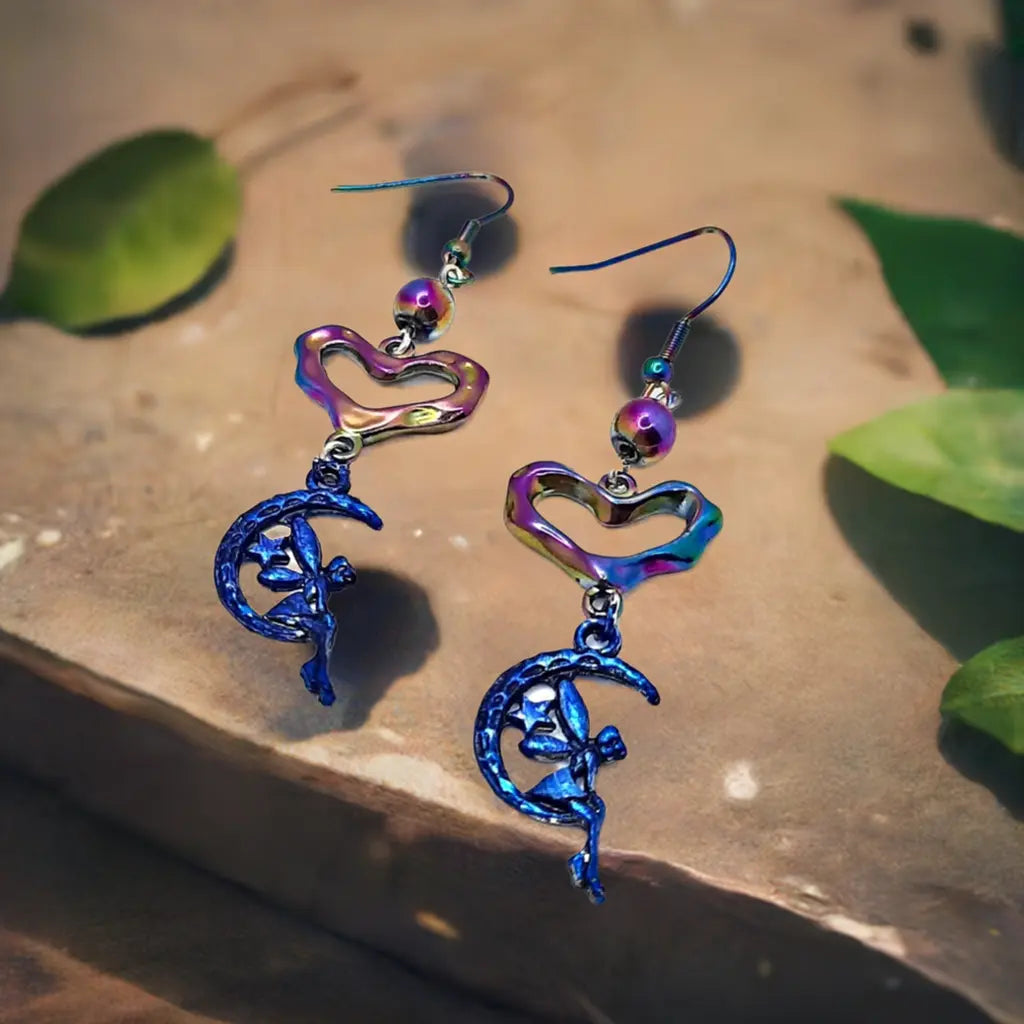 Blue iridescent enamel fairy heart rainbow earrings