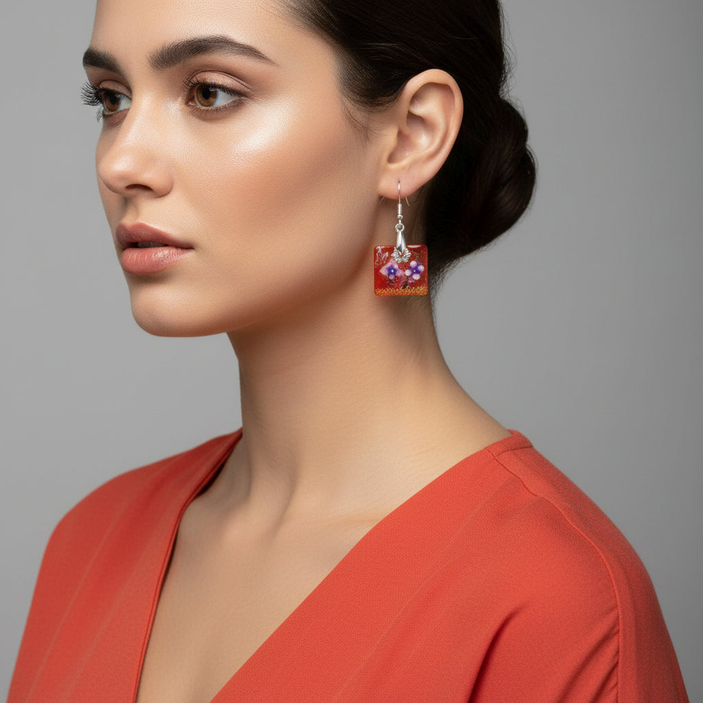 Tangerine Sea Glass Handcrafted Resin Flower Earrings 1.75 inches