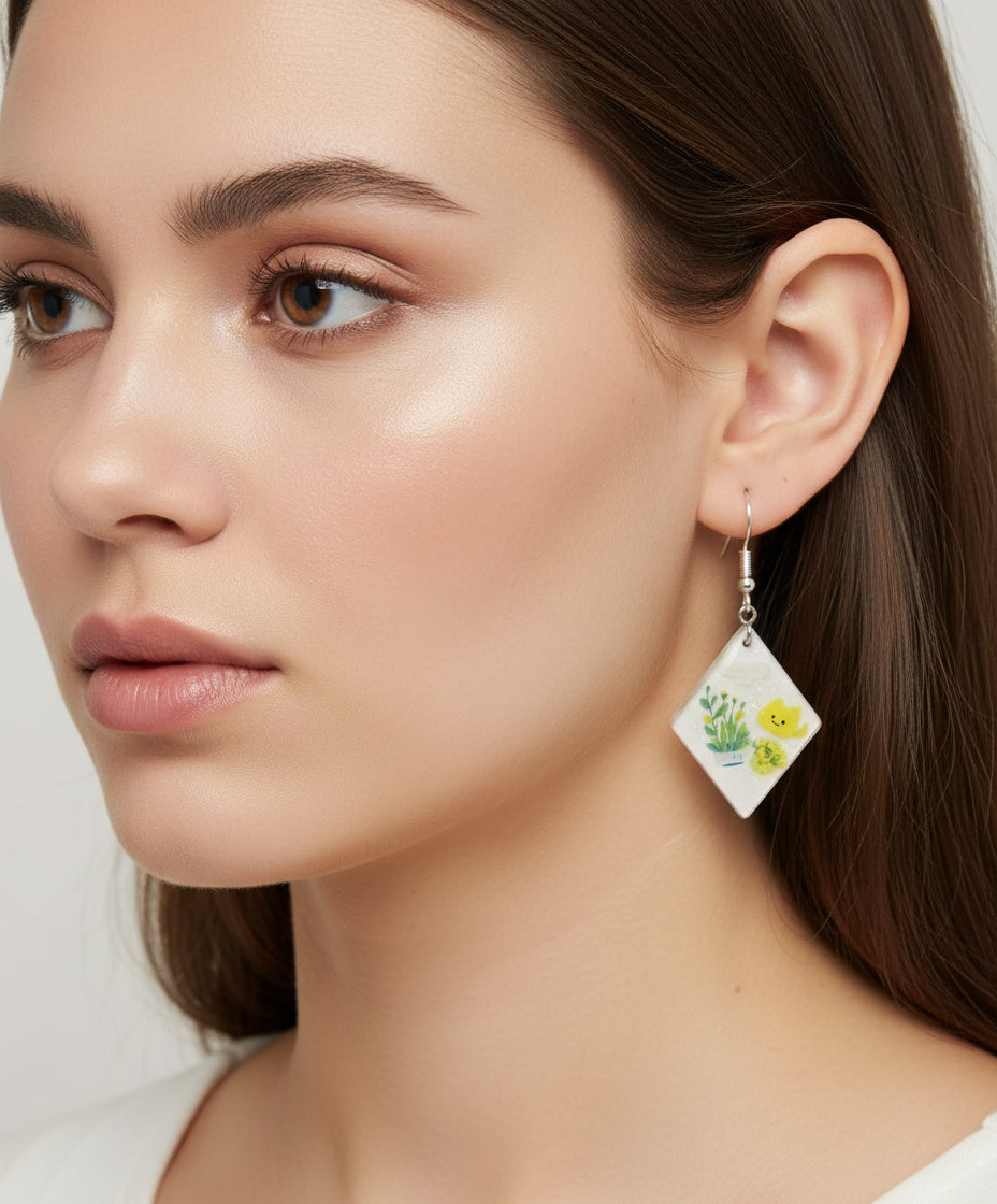 Pair of diamond-shaped earrings with floral designs hanging on a branch against a light background