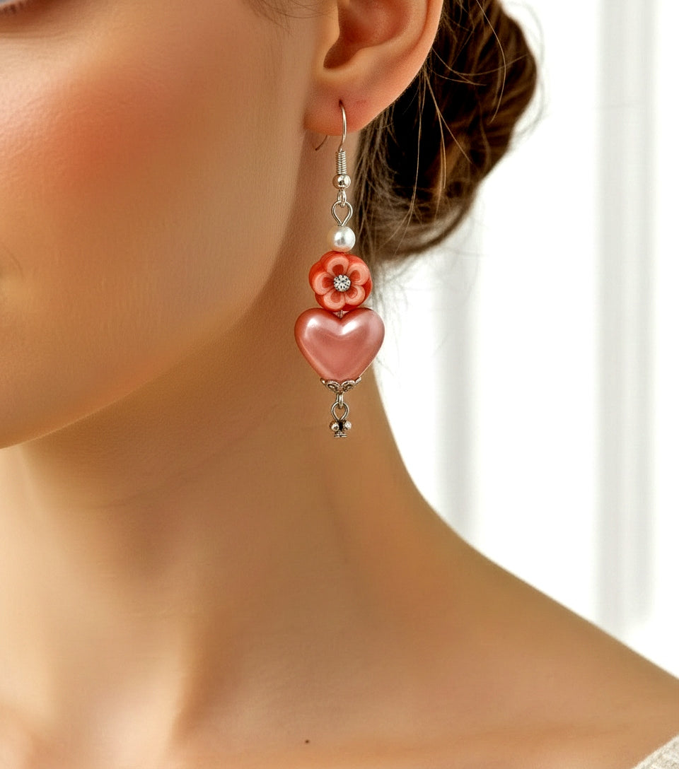 Handcrafted Peach Blossom Heart Earrings