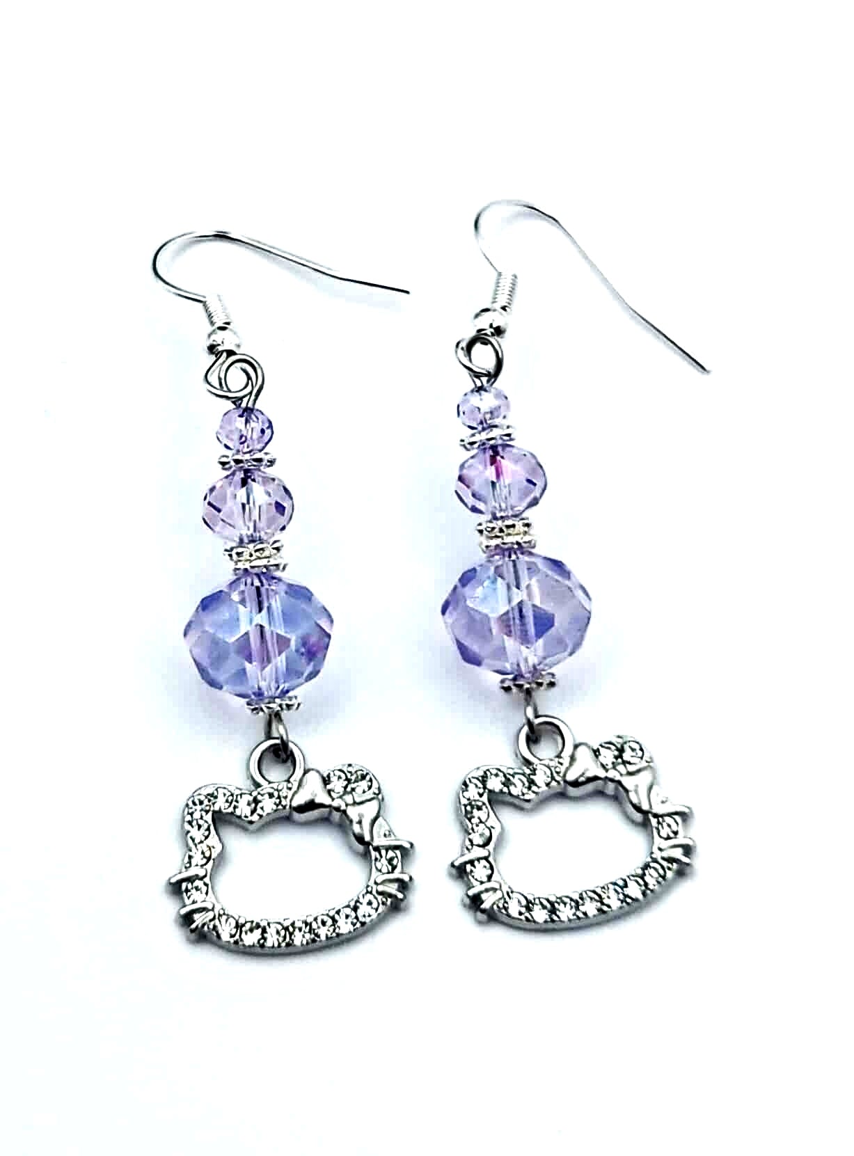 Cat charm Earrings with gemstone or crystal bead