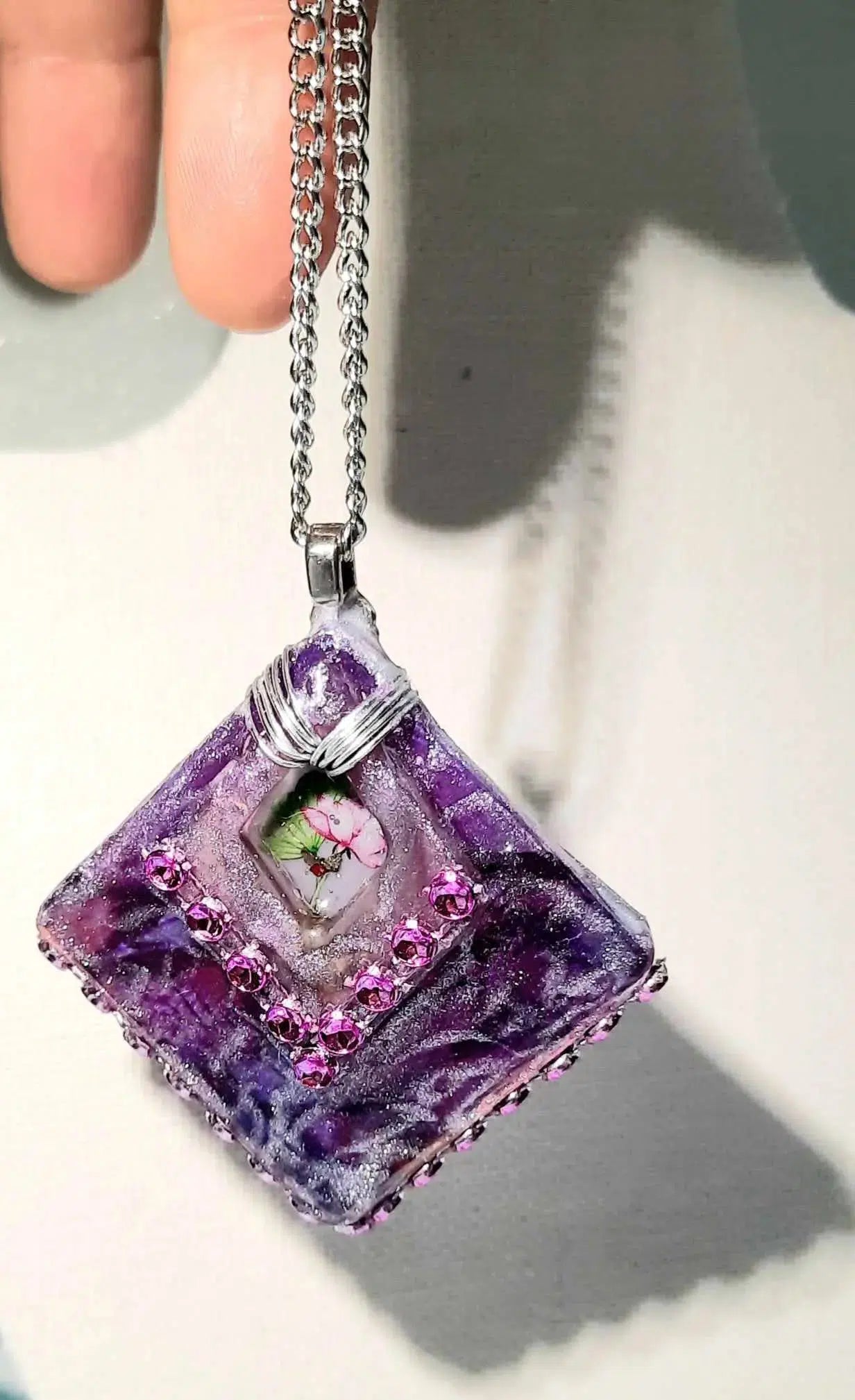 Resined purple flower pink Necklace pendant by Josie