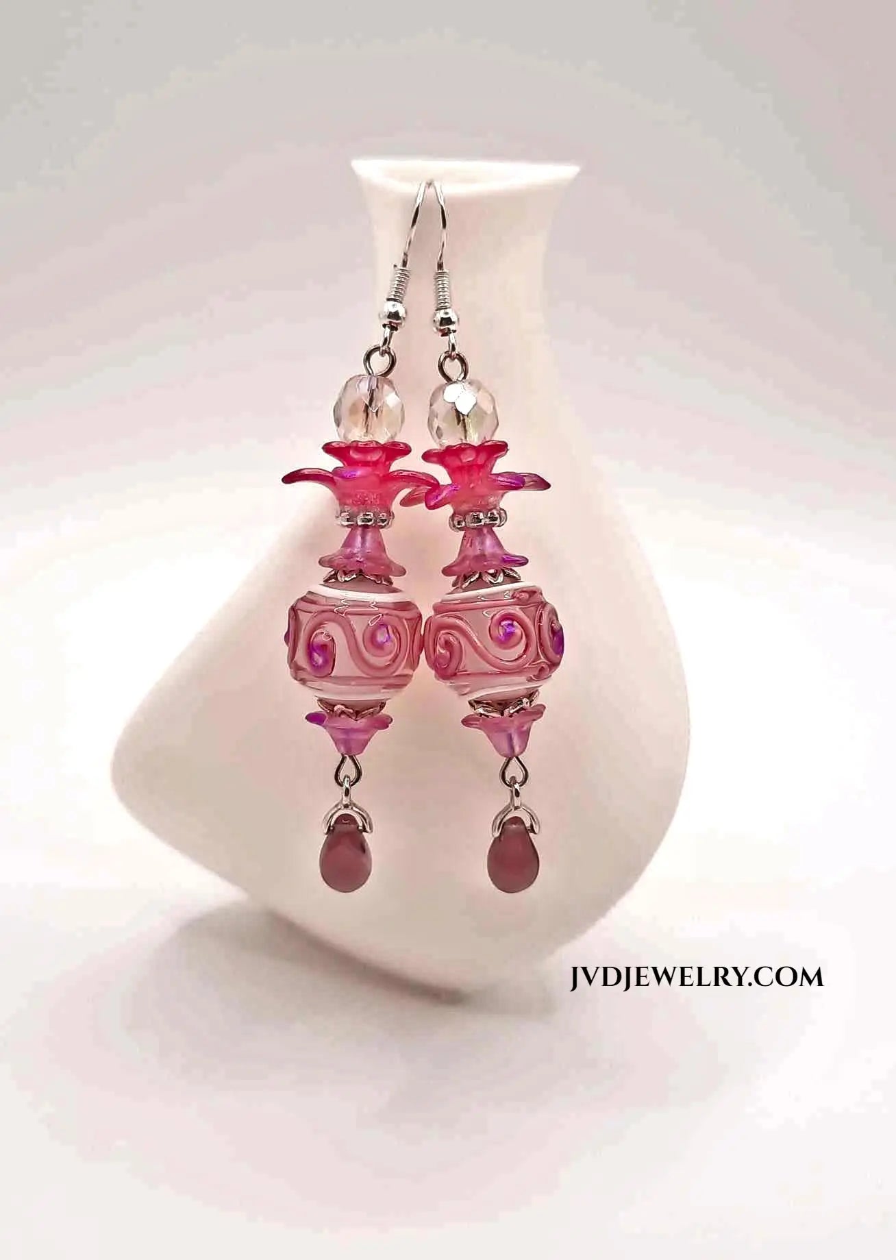 Pink Lampwork beaded drop Earrings 2.75"