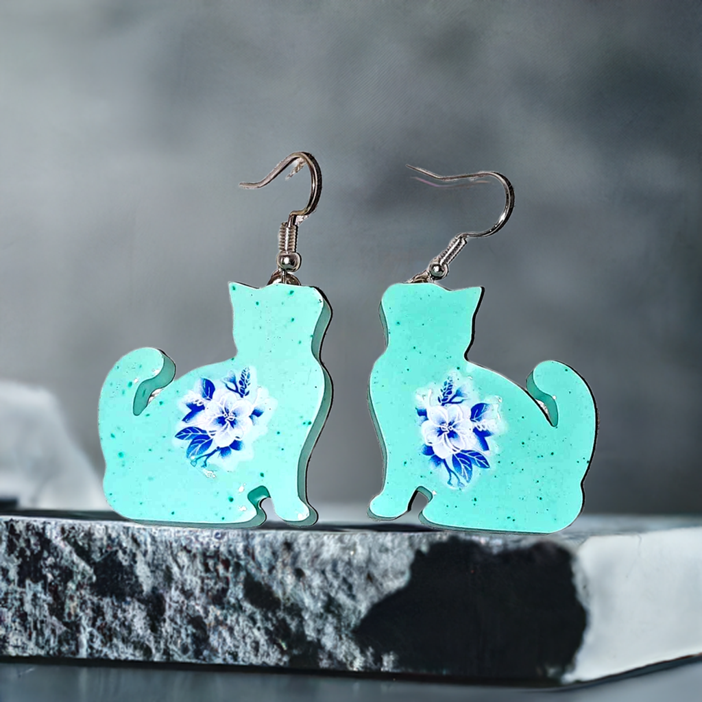 Resincrete Cat Earrings purple iridescent white flowers 2"x1"