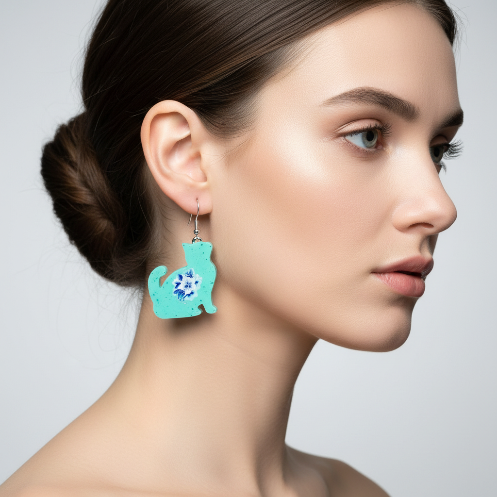 Resincrete Cat Earrings purple iridescent white flowers 2"x1"