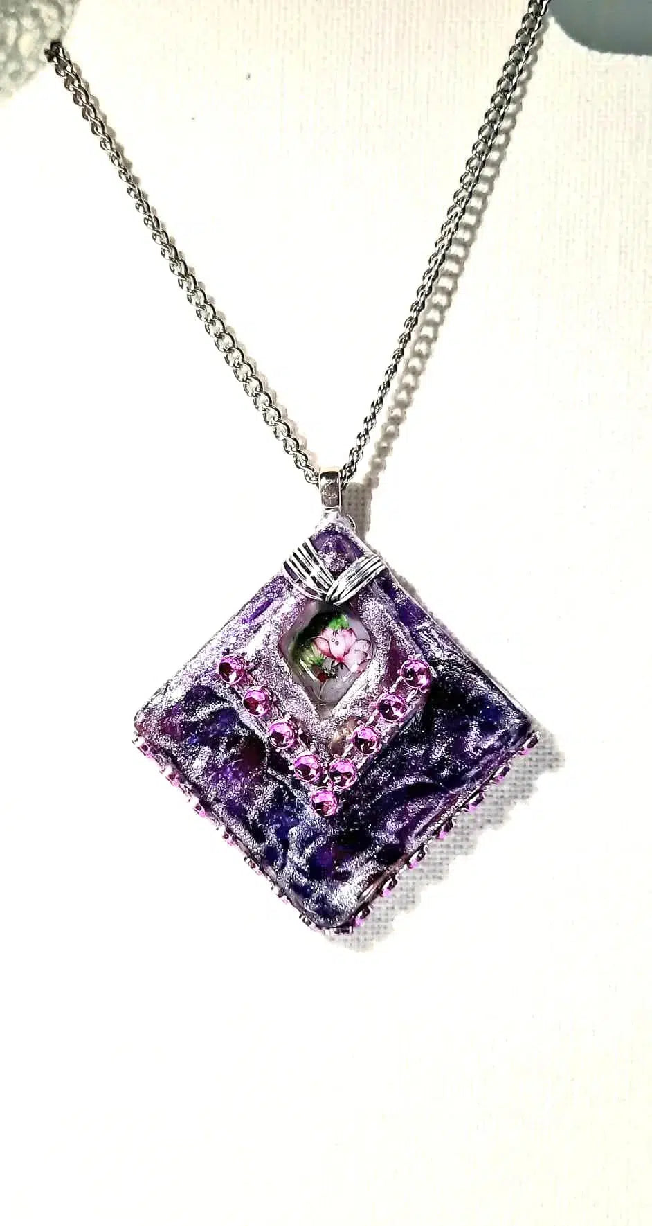 Resined purple flower pink Necklace pendant by Josie