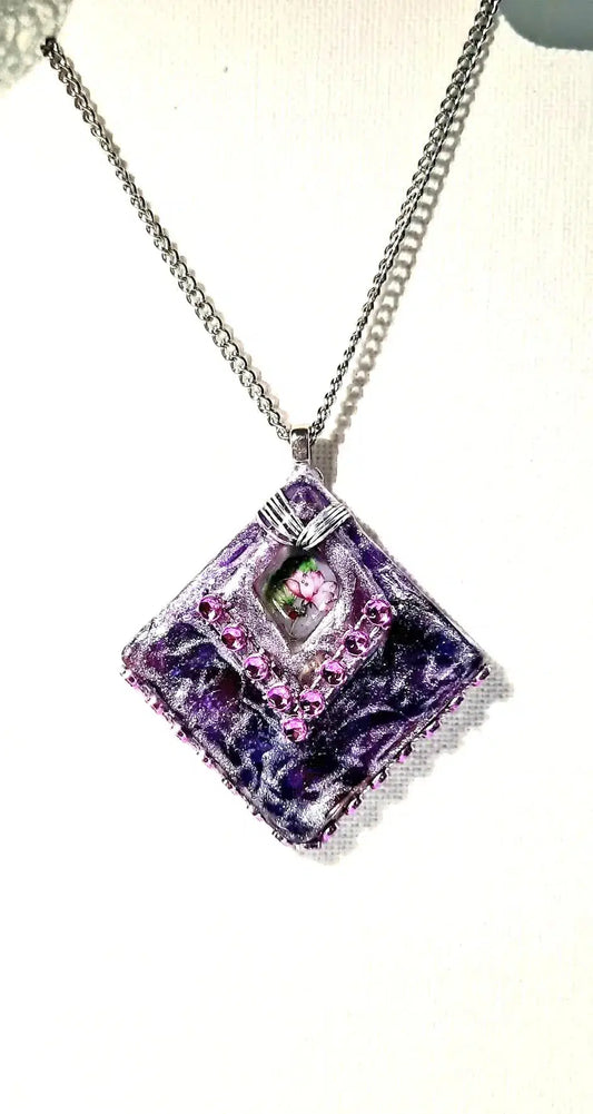 Resined purple flower pink Necklace pendant by Josie