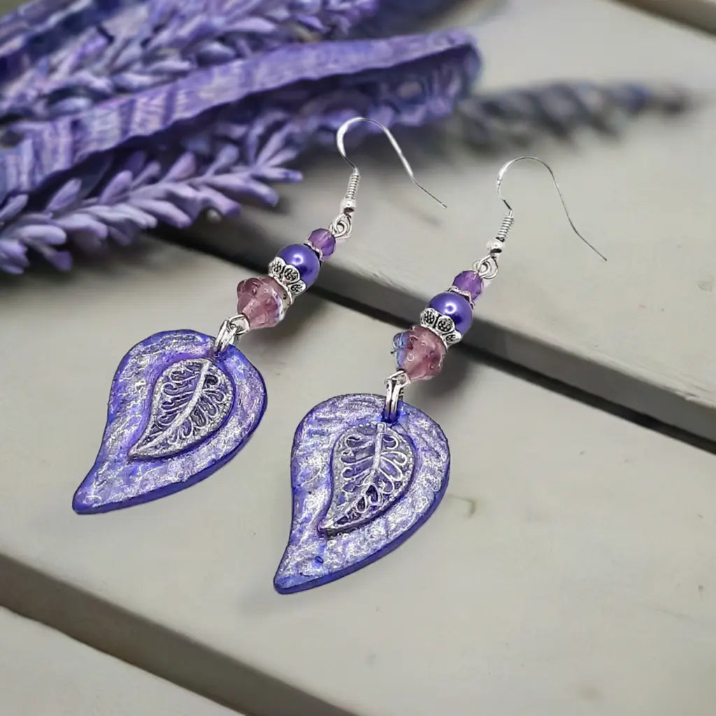 Resin Purple leaf Earrings Czech Beads