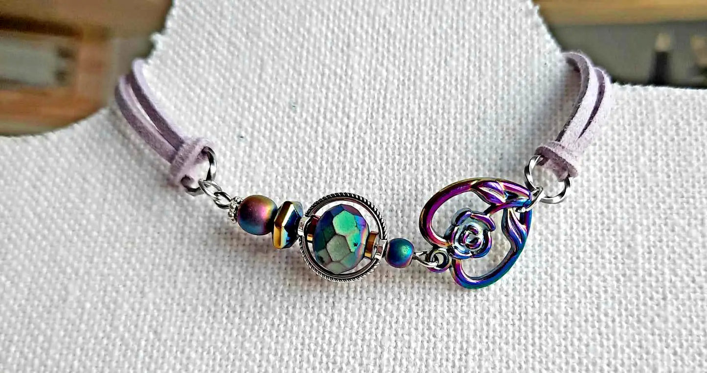 Light purple faux suede rainbow heart bracelet