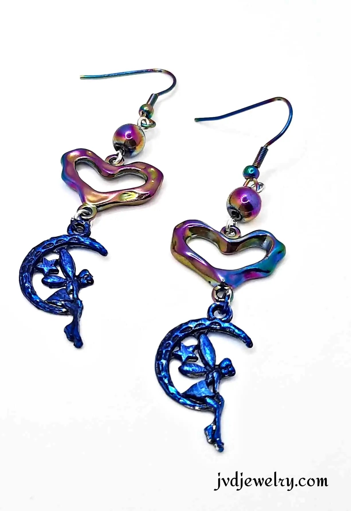 Blue iridescent enamel fairy heart rainbow earrings