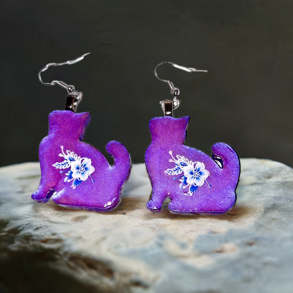 Resincrete Cat Earrings purple iridescent white flowers 2"x1"
