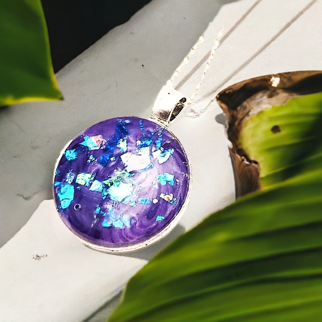 Round Silver Frame Resin Art Necklace
