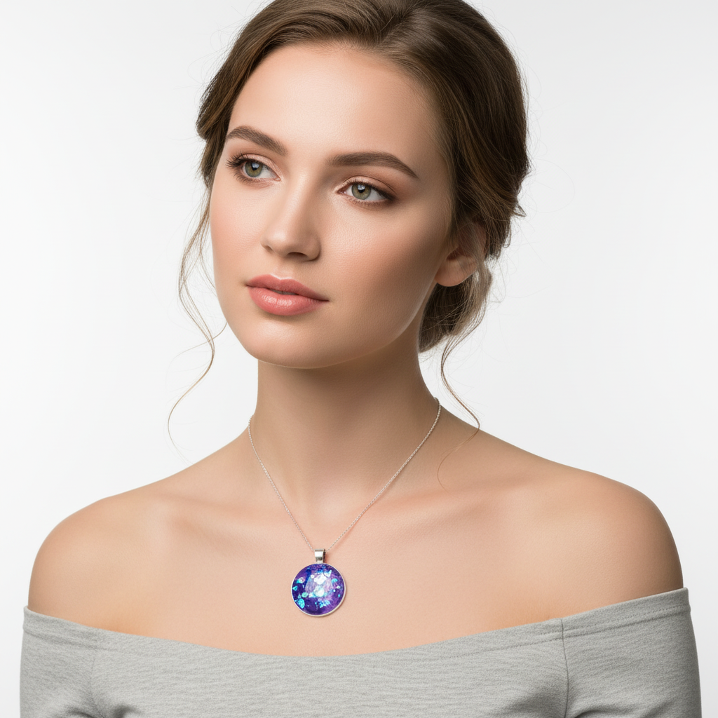 Purple pendant with blue and white specks on a white surface with green leaves in the background