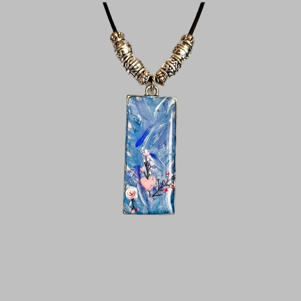 Handpainted Pendant with stickers 1.5" x 0.75" blue pink resincrete Necklace