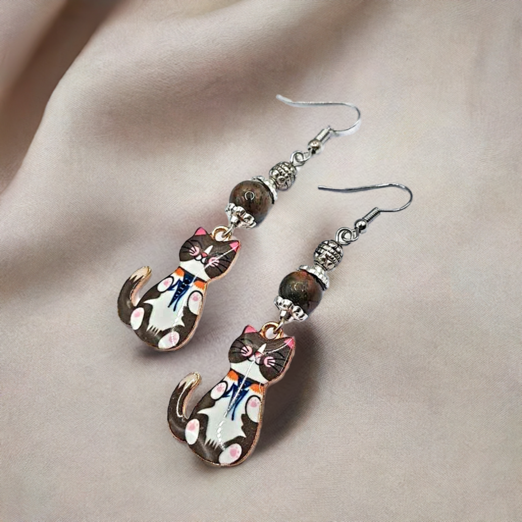 Enamel cat with stone bead Earrings 2.5 inches