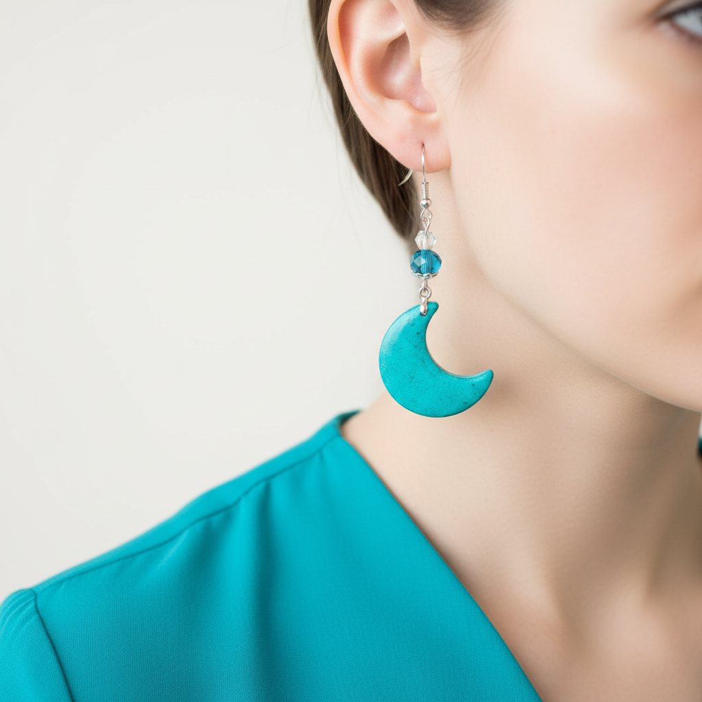 Resincrete moon turquoise 2.5inches Earrings with beads